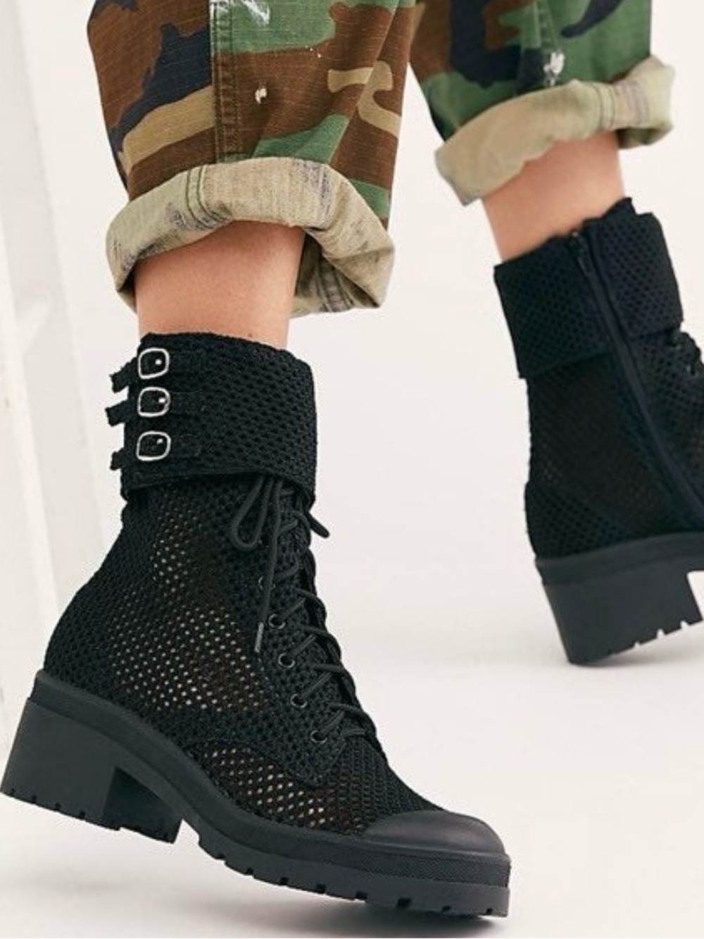 Jeffrey Campbell Women's Black Mesh Lace-Up Ankle Boots with Buckle Cuff